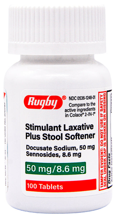 Rugby Stimulant Laxative Plus Stool Softener 50mg/8.6mg (100 tablets)