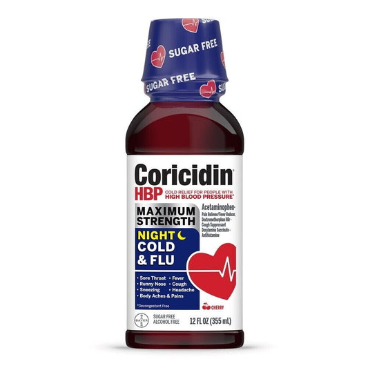 Coricidin HBP Maximum Strength Nighttime Cold & Flu Cherry Flavor 12fl oz