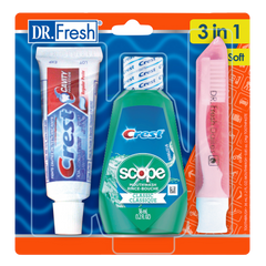Dr. Fresh 3-in-1 Travel Kit, Toothbrush+Mouthwash+Toothpaste, 1/Pk