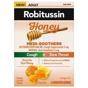 Adult Robitussin Medi-Soothers Cough-Sore Throat Honey Lemon Flavor 16 medicated lozenges