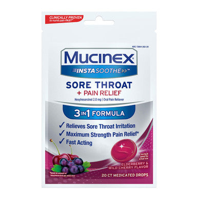 Mucinex Instasoothe Sore Throat + Pain Relief Elderberry & Wild Cherry Flavor 20ct