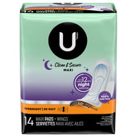 U by Kotex Clean & Secure Maxi Overnight Pads + Wings Pads 22ct