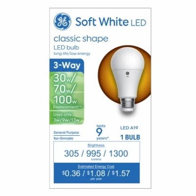 GE Soft White LED 3 Way Classic Lightbulb 30W/70W/100W
