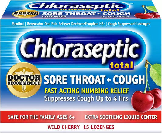 Chloraseptic Total Sugar Free Sore Throat + Cough Wild Cherry 15 lozenges