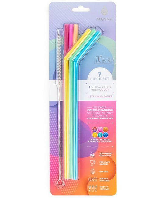 Manna Color-Changing Silicone Skinny Straws & Cleaning Brush 7pc set