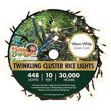 Holiday Bright Lights Warm White Green Cord Twinkling Cluster Rice Lights 10ft