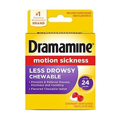 Dramamine Motion Sickness Less Drowsy Chewable 25mg (12 raspberry cream flavored tablets)